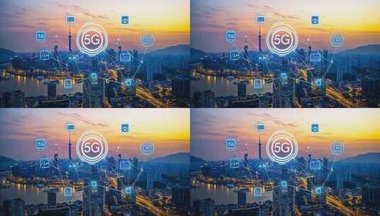 城市夜景中展示5G技术的图像高清在线视频素材下载