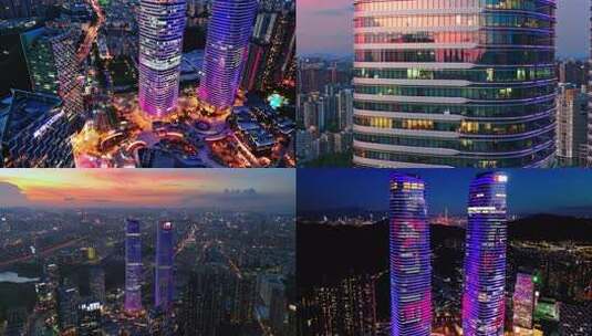 深圳龙岗星河双子塔航拍 城市夜景 黄昏高清在线视频素材下载