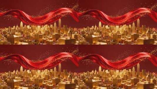 城市上空飘动的红色绸带素材高清在线视频素材下载