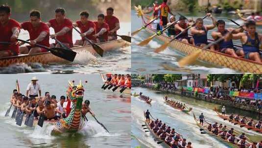 龙舟选手奋力划船比赛画面高清在线视频素材下载