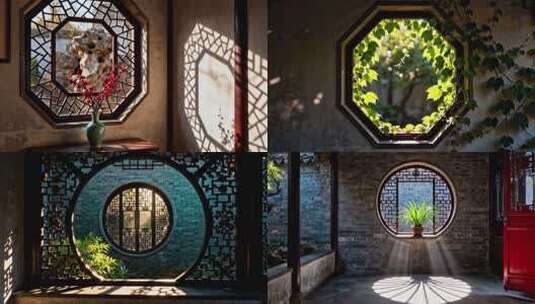 古典园林窗户 花木窗格 光影园林细节高清在线视频素材下载