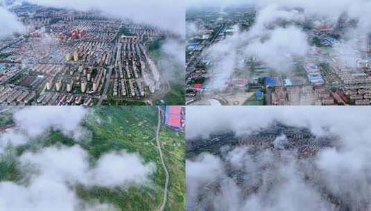 航拍云端下的峄城姑嫂山、仙檀小镇、峄城城区、泉兴水泥厂风光高清在线视频素材下载