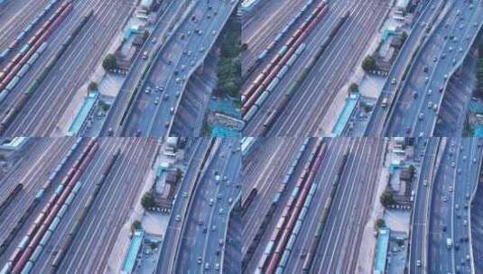 高架桥车流城市铁路轨道火车横移高清在线视频素材下载