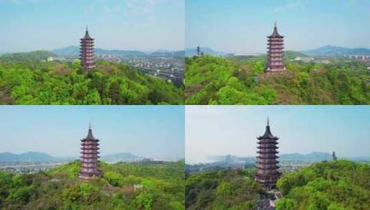 杭州萧山东方文化园中国传统建筑古塔航拍高清在线视频素材下载