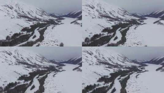 航拍冬季新疆阿勒泰禾木雪景雪山森林村落高清在线视频素材下载