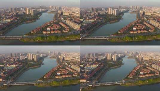 航拍东莞市常平镇东引河和寒溪河高清在线视频素材下载