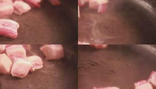 砂锅炒制猪肉五花肉熬猪油高清在线视频素材下载
