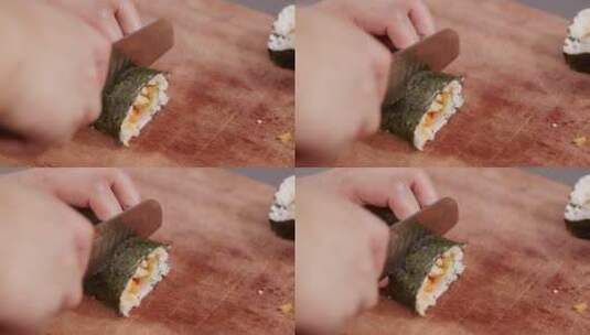【正版素材】灰背景切寿司近景俯拍固定高清在线视频素材下载
