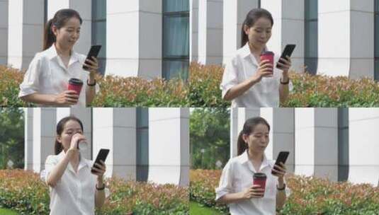亚洲东方中国女性户外玩手机喝咖啡高清在线视频素材下载