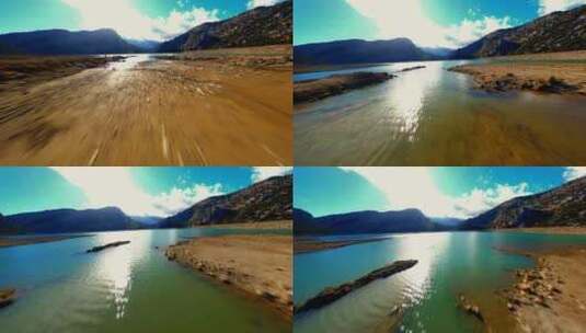 FPV穿越机无人机航拍山下河边河滩河岸高清在线视频素材下载