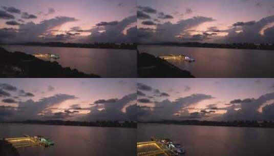 4K航拍杭州钱塘江夜游滨江码头夜景视频合集高清在线视频素材下载