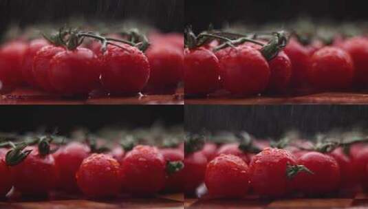 给樱桃番茄喷水慢动作特写高清在线视频素材下载