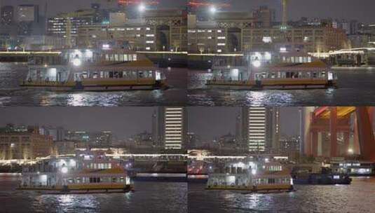 4K夜晚杨浦大桥下黄浦江上的游船高清在线视频素材下载