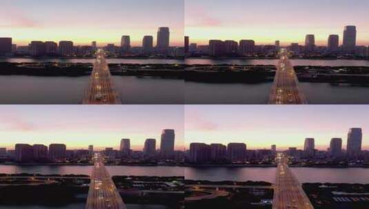 湖南长沙市橘子洲大桥日出航拍竖屏高清在线视频素材下载