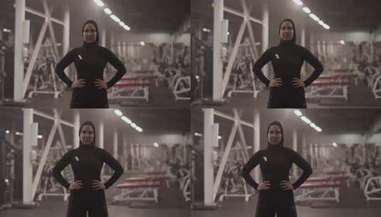 健身房里的穆斯林女运动员高清在线视频素材下载