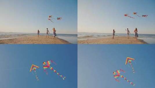 幸福一家海边放风筝高清在线视频素材下载