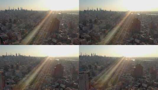 城市航拍纽约曼哈顿炮台公园摩天大楼日出高清在线视频素材下载