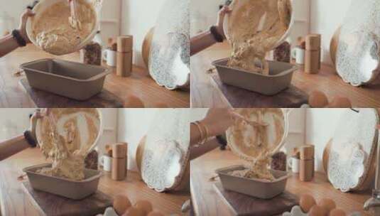 搅拌面粉 撒入干果 做面包高清在线视频素材下载