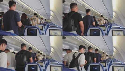 飞机上乘客携带行李排队下飞机高清在线视频素材下载