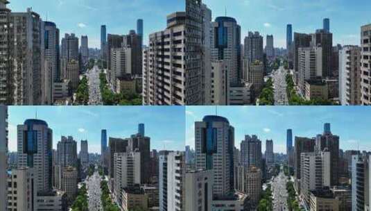 长沙现代化城市高楼建筑中间穿梭高清在线视频素材下载