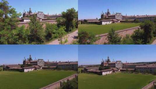 倾斜无人机拍摄意大利Certosa di Pavia历史纪念性建筑群高清在线视频素材下载