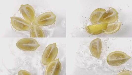 俯拍柠檬落下 散开 水花飞溅 4k慢镜头合集高清在线视频素材下载