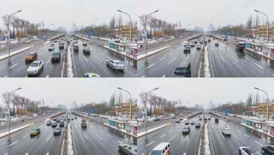 北京冬季白天下雪天三环路车流延时高清在线视频素材下载
