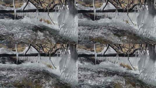 冰雪融化溪水从树干冰柱流淌高清在线视频素材下载