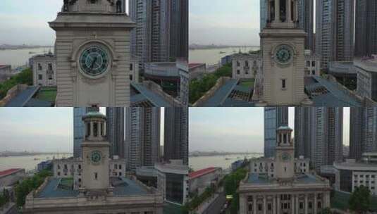 航拍武汉城市地标历史建筑江汉关钟楼高清在线视频素材下载