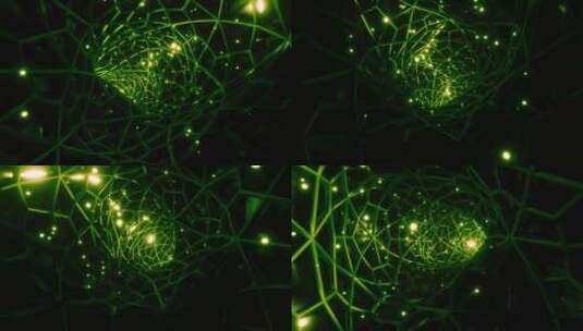 霓虹绿发光点飞过无尽的未来几何隧道。3D高清在线视频素材下载