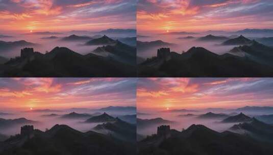 航拍云雾缭绕的壮美万里长城云海日出延时高清在线视频素材下载