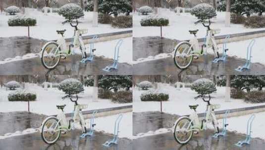 4K雪中的共享单车实拍视频高清在线视频素材下载