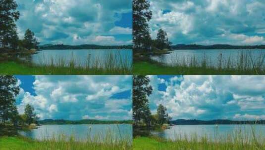 有树的湖边，蓝天白云延时摄影高清在线视频素材下载