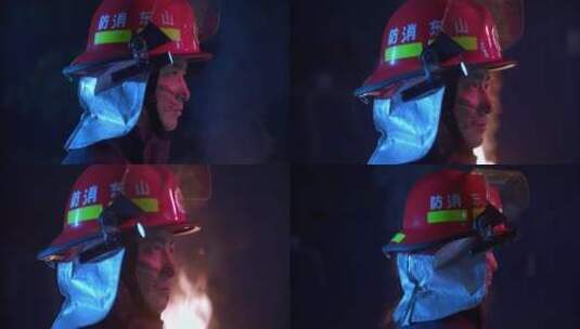 大火前站立的消防员高清在线视频素材下载