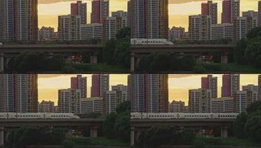 夕阳下高铁动车穿过城市唯美画面高清在线视频素材下载