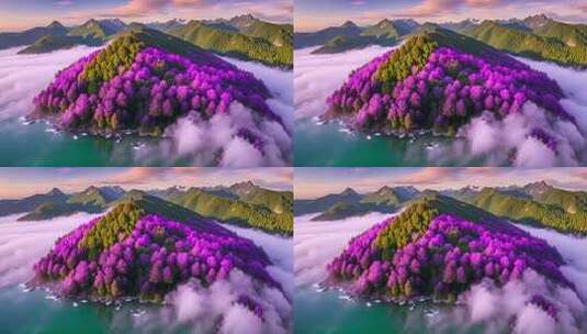 紫色森林云雾缭绕山间美景高清在线视频素材下载