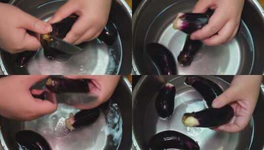 水盆清洗紫茄子长茄子切滚刀块高清在线视频素材下载