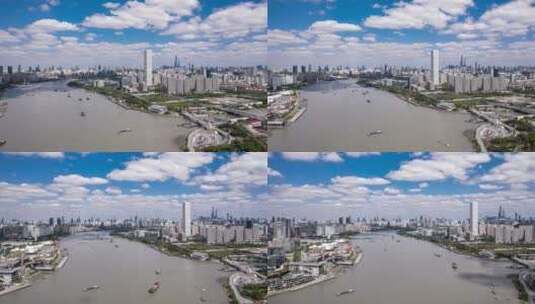 蓝天白云下黄浦江两岸城市建筑航拍延时高清在线视频素材下载