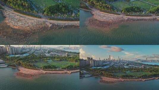 航拍深圳湾公园沙滩游客镜头高清在线视频素材下载