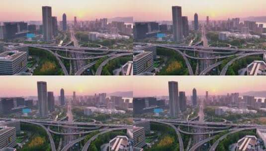 夕阳下城市里立交桥高架桥汽车流交通航拍高清在线视频素材下载