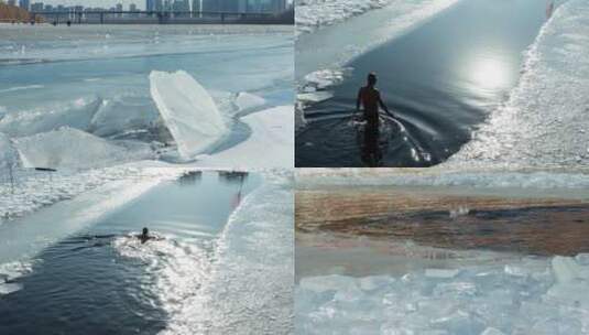 北方东北沈阳浑河三好桥冬季冰河冬泳高清在线视频素材下载