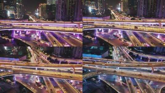 广州市中心城区航拍立交桥夜晚的车流高清在线视频素材下载