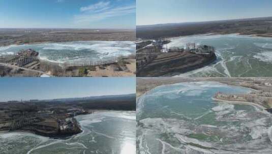 冬季陕北红石峡水库结冰冰面风光航拍高清在线视频素材下载