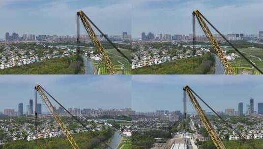 花桥镇胜利路在建大桥吊塔环绕航拍高清在线视频素材下载