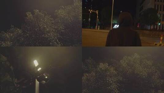 夜晚城市一角赶路人小摊贩路口红绿灯车流高清在线视频素材下载