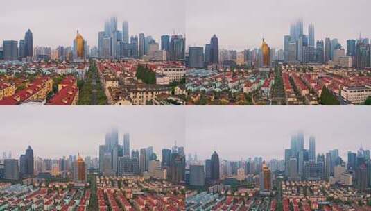 中国上海航拍城市建筑雾天高清在线视频素材下载