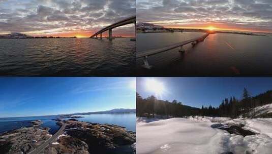 FPV无人机航拍跨海大桥冬日雪景日出度假高清在线视频素材下载