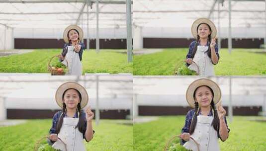 小女孩在温室花园的篮子里拿着有机生菜的画像高清在线视频素材下载