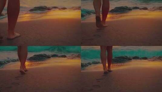 特写女孩光着脚丫走在沙滩上高清在线视频素材下载