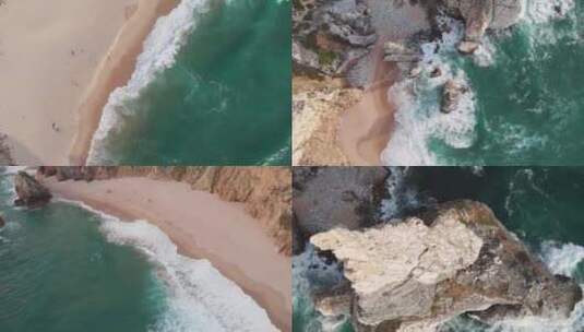 航拍海浪拍打岩石沙滩海岸礁石沿海高清在线视频素材下载